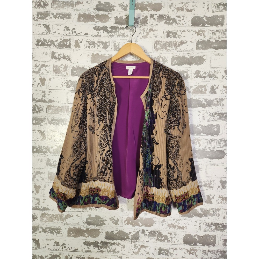 Boho Floral Pleated Cardigan‎ Large Muticolor Abstract Artsy Open Front Jacket